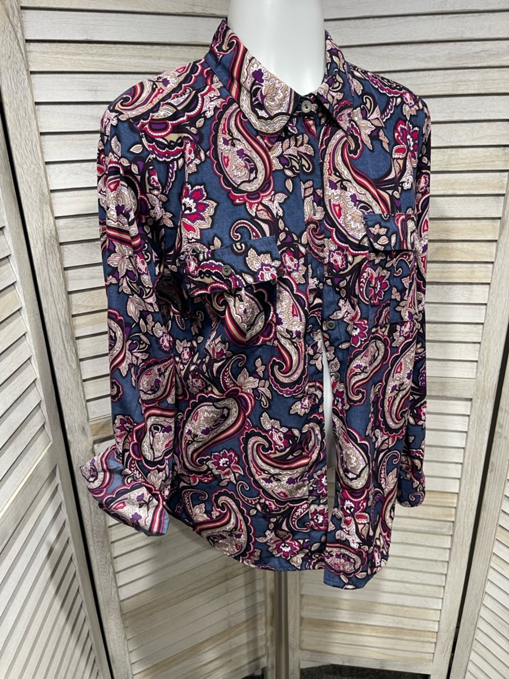 croft & barrow Navy Paisley Button-Down Shirt with Pink and Cream Accents